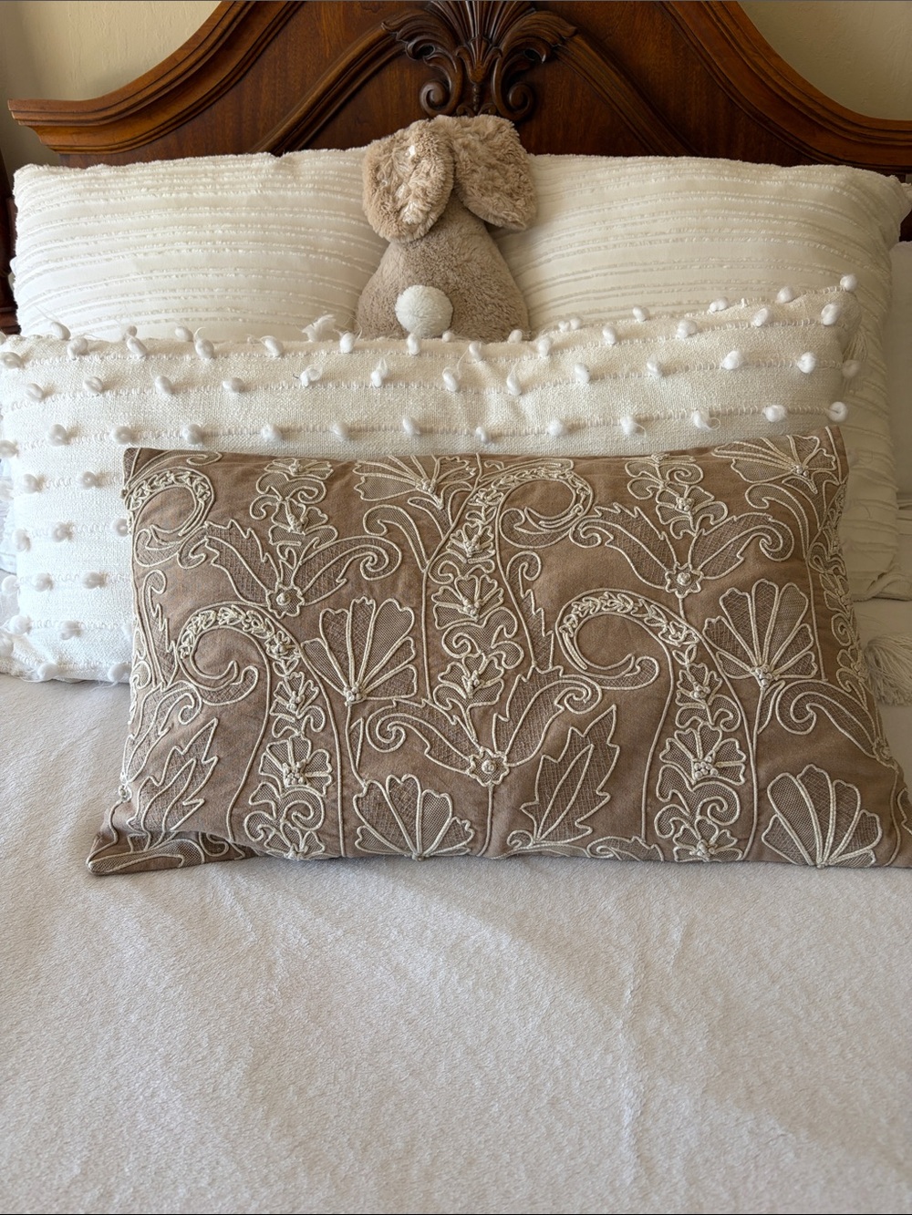 Embroidered Decorative Throw Pillow - Taupe with Ivory Accents. Approx 25x15”